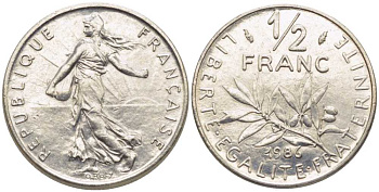 Франция 1/2 франка 1986 сеятель KM 931.1, Le Franc 198.25 никель 175-957