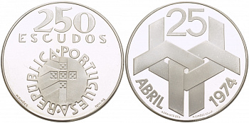 Португалия 250 эскудо 1976 Революция гвоздик 25 апреля 1974 года KM 604 a серебро PROOF 01-233-31