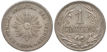 Уругвай 1 сентесимо 1924 KM 19 медно-никель 187-225