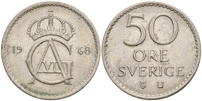 Швеция 50 эре 1968 U, Густав VI Адольф (1950-1973) KM 837 медно-никель 4364-3643