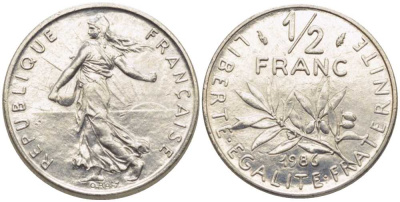 Франция 1/2 франка 1986 сеятель KM 931.1, Le Franc 198.25 никель 175-957
