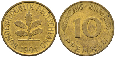 ФРГ 10 пфеннигов 1991 F KM 108, J.383 сталь плакированная латунью 4681-1157