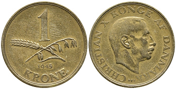 ДАНИЯ 1 КРОНА 1945 N; S, КРИСТИАН X (1912-1947) KM 835 алюминиевая бронза 32-321
