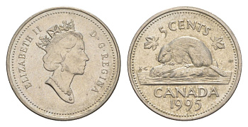 Канада 5 центов 1995 Елизавета II (1952-2022), бобр KM 182 медно-никель 4630-745