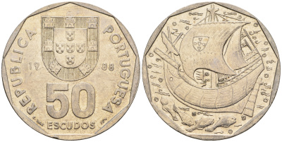 Португалия 50 эскудо 1988 парусник KM 636 медно-никель 221-443