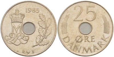 ДАНИЯ 25 ЭРЕ 1985 R; B, МАРГРЕТЕ II (1972-) KM 861.3 медно-никель 94-944
