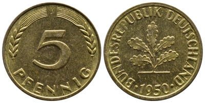 ФРГ 5 ПФЕННИГОВ 1950 J KM 107, J.382 сталь плакированная латунью 26-1068