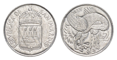 Сан-Марино 2 лиры 1973 KM 23 алюминий UNC 4647-162