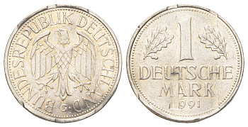 ФРГ 1 марка 1991 гашеная монета KM 110, J. 385 медно-никель 186-1137