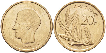 БЕЛЬГИЯ 20 ФРАНКОВ 1982 BELGIQUE, БОДУЭН I (1951-1993) KM 159 никель бронза UNC 213-635