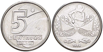 БРАЗИЛИЯ 5 СЕНТАВО 1989 РЕФОРМА (1989-1990) KM 612 нержавеющая сталь 4516-516