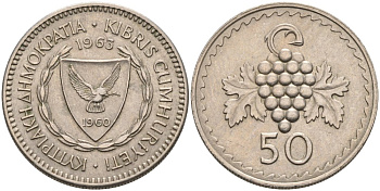 Кипр 50 милсов 1963 виноградная гроздь KM 41 медно-никель 4571-1022