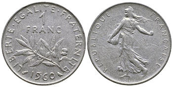 ФРАНЦИЯ 1 ФРАНК 1960 СЕЯТЕЛЬ KM 925.1, LE FRANC 226.4 никель 3999-421
