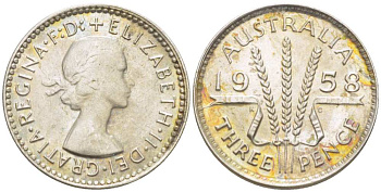 Австралия 3 пенса 1958 m, Елизавета II (1952-2022) KM 57 серебро 4516-152