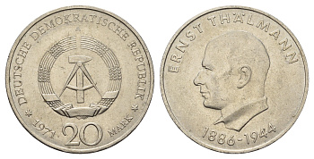 ГДР 20 марок 1971 A, 85 лет со дня рождения Эрнста Тельмана KM 34, J. 1535 медно-никель 4634-814