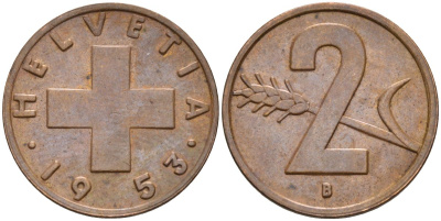Швейцария 2 раппена 1953 В KM 47 бронза 4591-1123