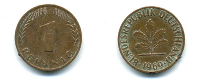 ФРГ 1 ПФЕННИГ 1969 J KM 105, J.380 сталь плакированная медью 54-1156