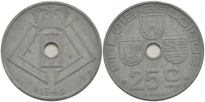 Бельгия 25 сантимов 1945 Belgie-Belgique, Леопольд III (1934-1947), германская оккупация KM 132 цинк 3996-722