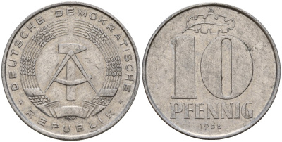 ГДР 10 пфеннигов 1968 A KM 10 алюминий 34-126