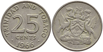 Тринидад и Тобаго 25 центов 1966 герб KM 4 медно-никель 4396-639