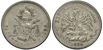 МЕКСИКА 25 СЕНТАВО 1884 ШТАТ САКАТЕКАС, ПРОБА 903, ВЕС 6,768 ГР. KM 406.9 серебро F 633-445