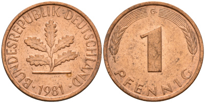 ФРГ 1 пфенниг 1981 G KM 105, J. 380 сталь плакированная медью    4598-618