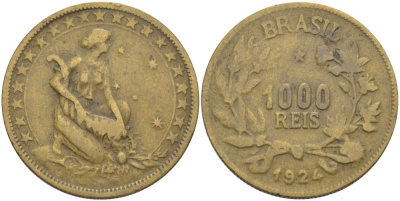 БРАЗИЛИЯ 1000 РЕЙС 1924 ФИГУРА С РОГОМ ИЗОБИЛИЯ ВПРАВО KM 525 алюминиевая бронза 4529-343