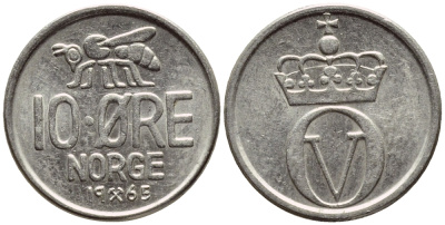НОРВЕГИЯ 10 ЭРЕ 1965 ПЧЕЛА KM 411 медно-никель 4396-415