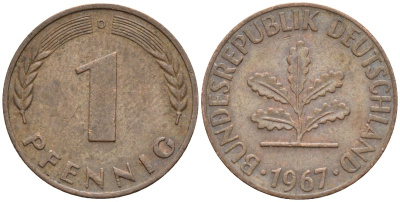 ФРГ 1 пфенниг 1967 D KM 105, J.380 сталь плакированная медью 4174-614