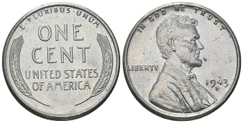 США 1 цент 1943 S (Сан-Франциско), Авраам Линкольн KM 132 a сталь покрытая цинком aUNC 112-333