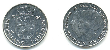 Нидерланды 1 гульден 1980 на коронацию Беатрикс, 30 апреля 1980 KM 200 никель 84-1015