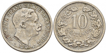 ЛЮКСЕМБУРГ 10 САНТИМОВ 1901 АДОЛЬФ (1890-1905) KM 25 медно-никель 4548-813