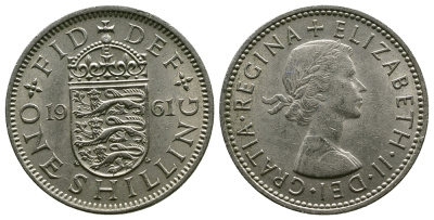 Великобритания 1 шиллинг 1961 Елизавета II (1952-2022), Английский герб KM 904, Spink 4147 медно-никель 4384-437