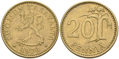ФИНЛЯНДИЯ 20 ПЕННИ 1978 K KM 47 алюминиевая бронза 4563-325