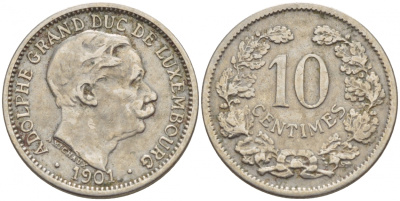 ЛЮКСЕМБУРГ 10 САНТИМОВ 1901 АДОЛЬФ (1890-1905) KM 25 медно-никель 4548-813