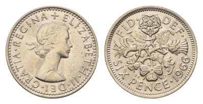 Великобритания 6 пенсов 1966 Елизавета II (1952-2022) KM 903, Spink 4149 медно-никель UNC 4696-833