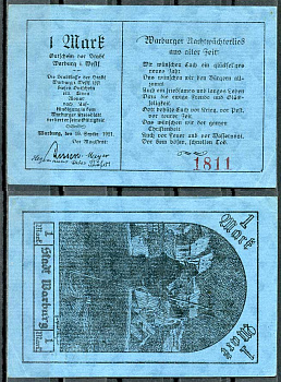 Германия, Варбург 1 марка 1921 нотгельд, 19.9.1921 Grabowski 1376.1.a бумага UNC (пресс) 444-52-3-1