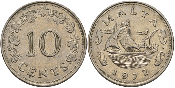 Мальта 10 центов 1972 баржа Великого магистра KM 11 медно-никель 82-443