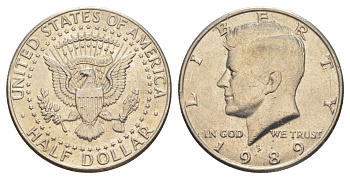 США 1/2 доллара (50 центов) 1989 P, Джон Кеннеди KM A202b медь плакированная медно-никелем aUNC 4517-613