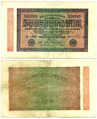 ГЕРМАНИЯ 20000 МАРОК 1923 20 ФЕВРАЛЯ 1923, ВОДЯНОЙ ЗНАК L Pick 85a бумага 7116-11-2