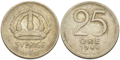 Швеция 25 эре 1944 G, Густав V (1907-1950) KM 816 серебро 116-1133