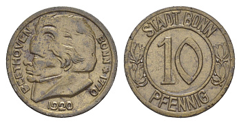 Бонн 10 пфеннигов 1920 Бетховен Funck 51.1A, Men05 3220.1, Men18 4134.1 железо 4636-943