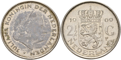 Нидерланды 2 1/2 гульдена 1969 Юлиана (1949-1980) KM 191 никель 4157-411
