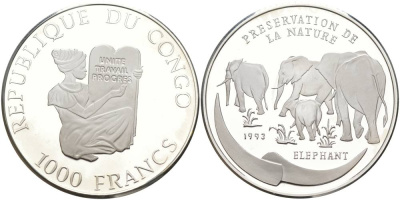 Конго 1000 франков 1993 серия охрана природы, слоны KM 13 серебро PROOF 1091-3-32