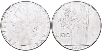 ИТАЛИЯ 100 ЛИР 1980 R, АФИНА KM 96.1 нержавеющая сталь 4526-335