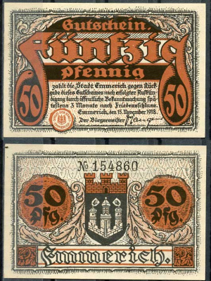 Германия, Эммерих 50 пфеннигов 1918 нотгельд, 15.11.1918 Tieste 1710/10 бумага UNC (пресс) 8614-40-1-2