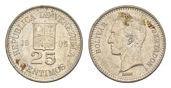 Венесуэла 25 сентимо 1989 Симон Боливар Y 50a сталь плакированная никелем 4580-913