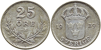 Швеция 25 эре 1939 Густав V (1907-1950) KM 785 серебро 1530-835