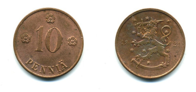 Финляндия 10 пенни 1921 республика (1918-1962) KM 24 медь 46-345