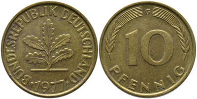 ФРГ 10 ПФЕННИГОВ 1977 G KM 108, J.383 сталь плакированная латунью 98-517